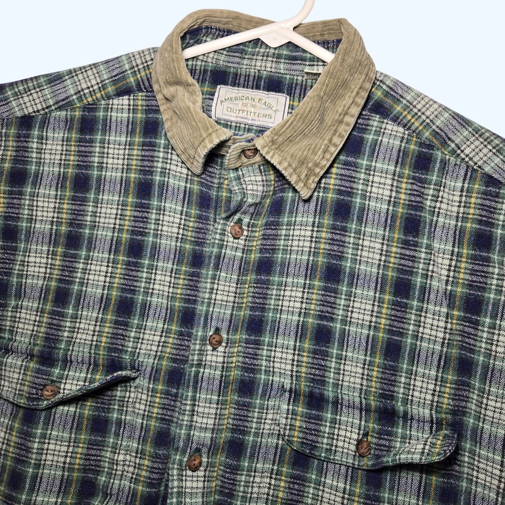 American Eagle Flannel Chore Shirt Vintage Plaid Corduroy Collar 4 Button Men XL